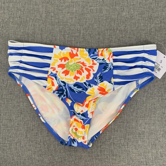 Brand New! Skye Floral Bikini Bottoms Mid Rise Large Blue White Striped Orange - Picture 2 of 12
